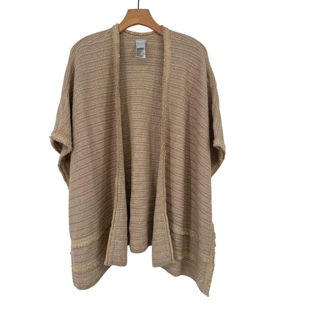 Chicos Metallic Gold Knit Open Cardigan Sweater wrap size S/M Shimmer